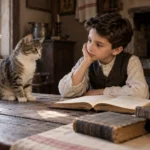 Ilustração criada por IA de Nikola Tesla criança observando seu gato Macak.