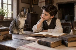 Ilustração criada por IA de Nikola Tesla criança observando seu gato Macak.