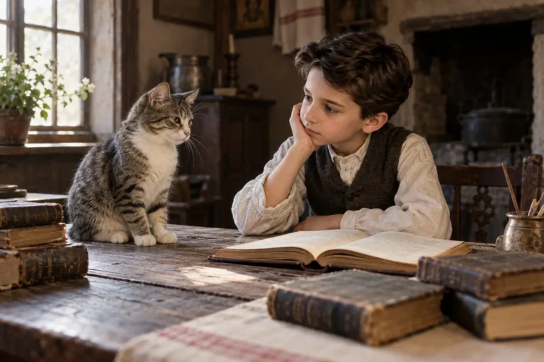 Ilustração criada por IA de Nikola Tesla criança observando seu gato Macak.