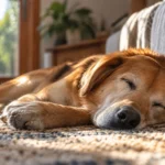 Cachorro de pelagem dourada dormindo tranquilamente sobre um tapete, próximo ao sofá, iluminado pela luz natural.