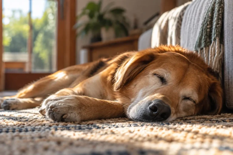 Cachorro de pelagem dourada dormindo tranquilamente sobre um tapete, próximo ao sofá, iluminado pela luz natural.